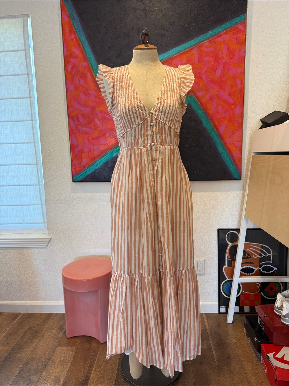 Anthropologie Striped Button-Front Maxi Dress in Peach XS